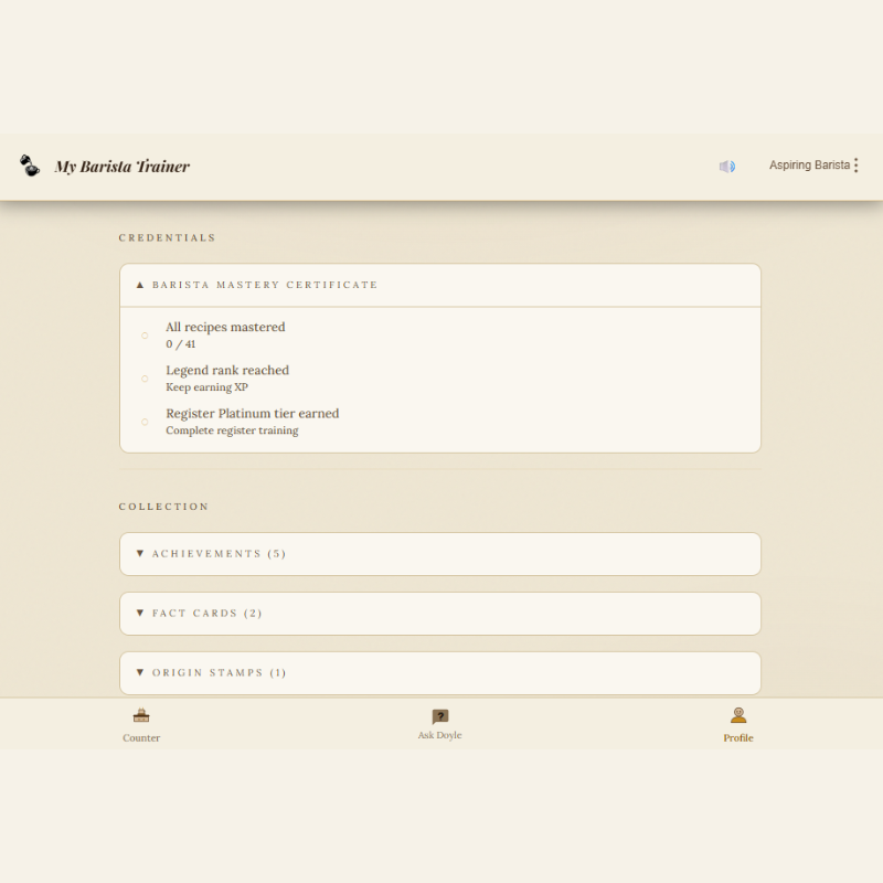 The Barista Mastery Certificate, a shareable record of completed training in My Barista Trainer