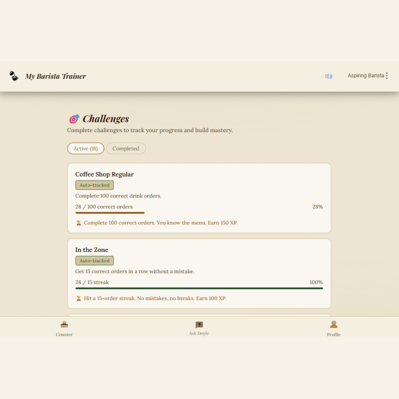 Challenges screen showing goals and rewards in My Barista Trainer