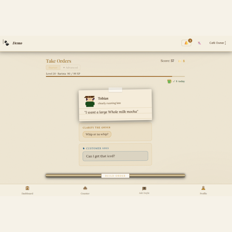 Building a drink from a live customer order in My Barista Trainer