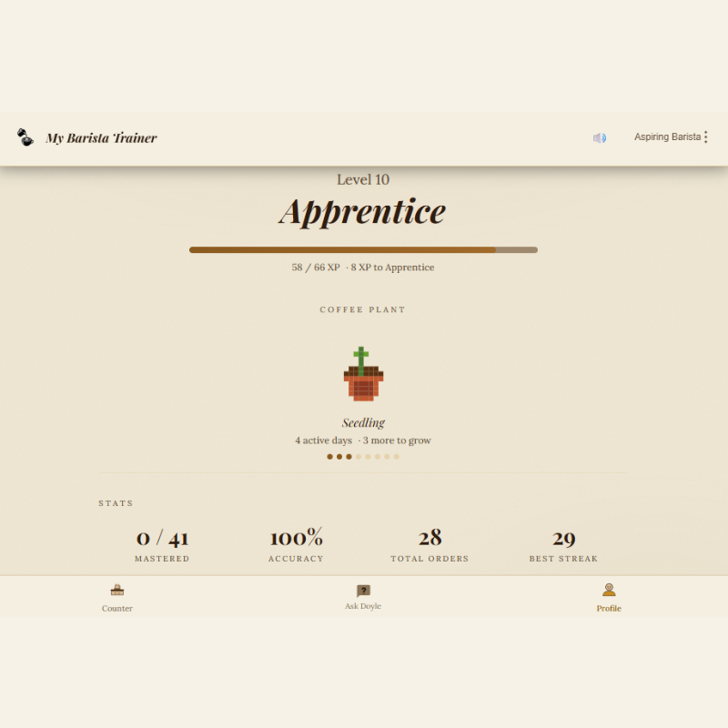Barista profile showing XP progress and practice history in My Barista Trainer