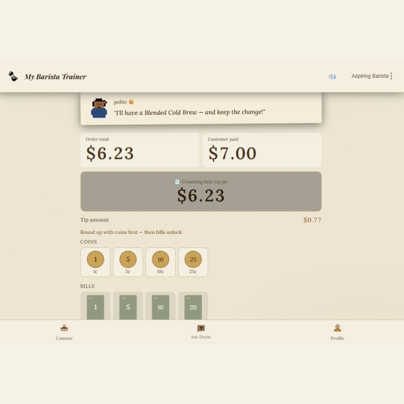 Register training scenario: cash handling practice in My Barista Trainer