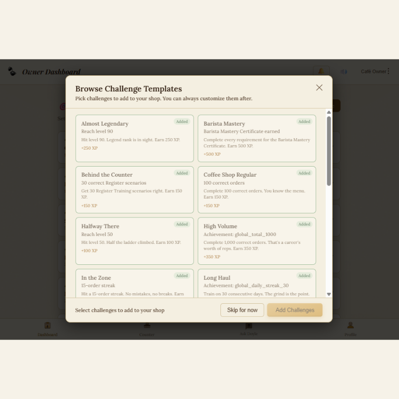 Owner challenges and manual award screen in My Barista Trainer