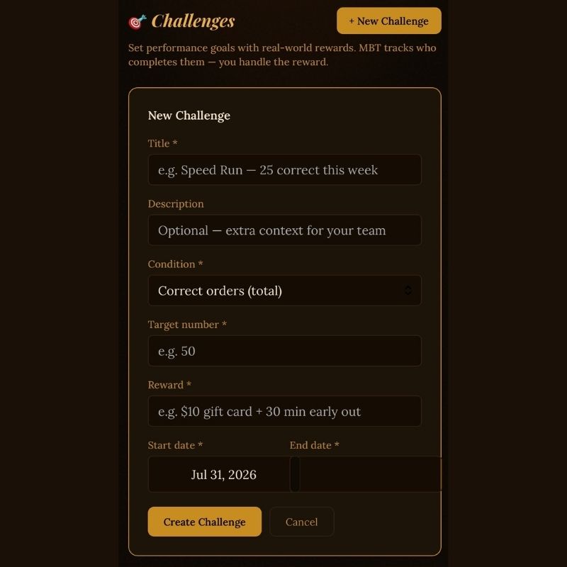 Owner challenges and manual award screen in My Barista Trainer
