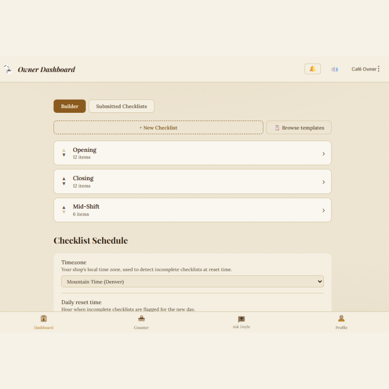 Opening and closing shift checklists with task notes in My Barista Trainer