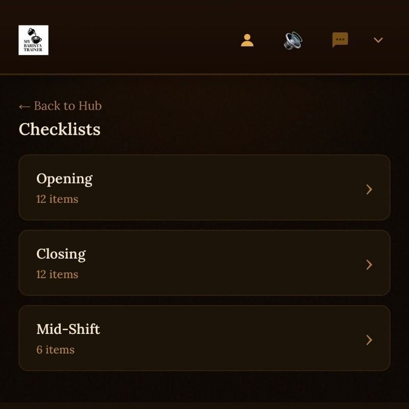 Opening and closing shift checklists with task notes in My Barista Trainer