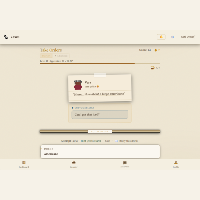 A barista selecting ingredients to complete a live customer order in My Barista Trainer