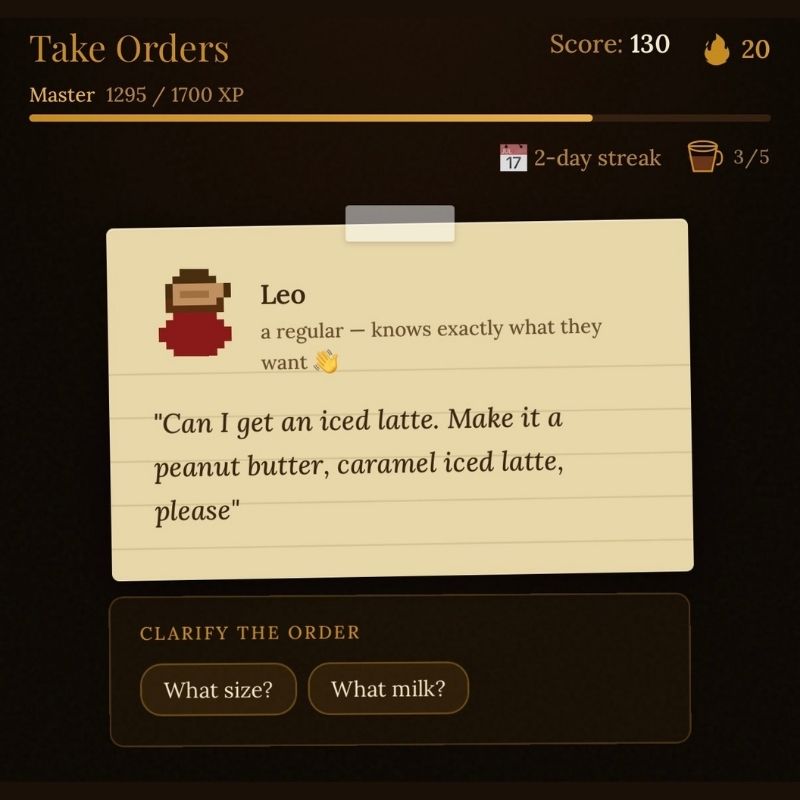 A barista selecting ingredients to complete a live customer order in My Barista Trainer
