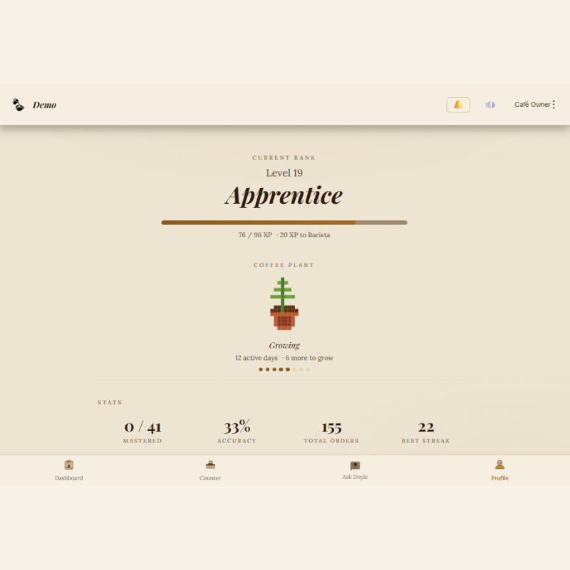 Barista profile showing XP progress, category mastery, streaks, and achievement collection in My Barista Trainer