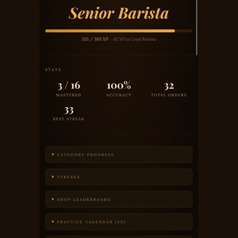 Barista profile showing XP progress, category mastery, streaks, and achievement collection in My Barista Trainer