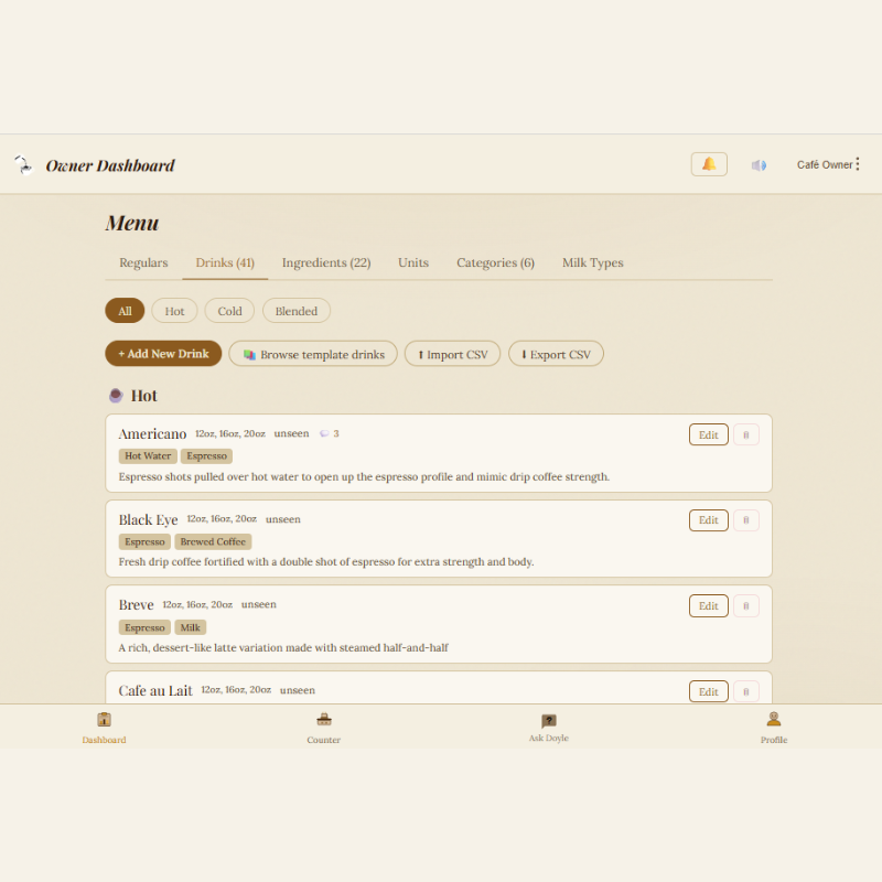 The recipe editor showing ingredients, sizes, and clarifying questions in My Barista Trainer