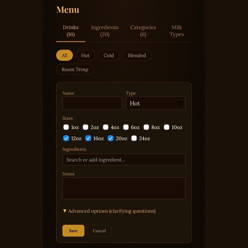 The recipe editor showing ingredients, sizes, and clarifying questions in My Barista Trainer