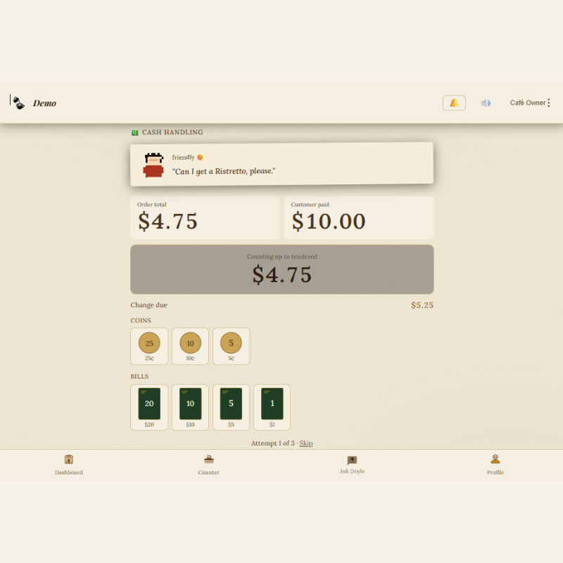 Register training scenario — cash handling practice in My Barista Trainer
