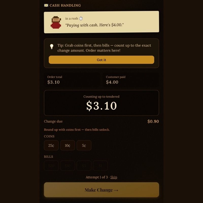 Register training scenario — cash handling practice in My Barista Trainer