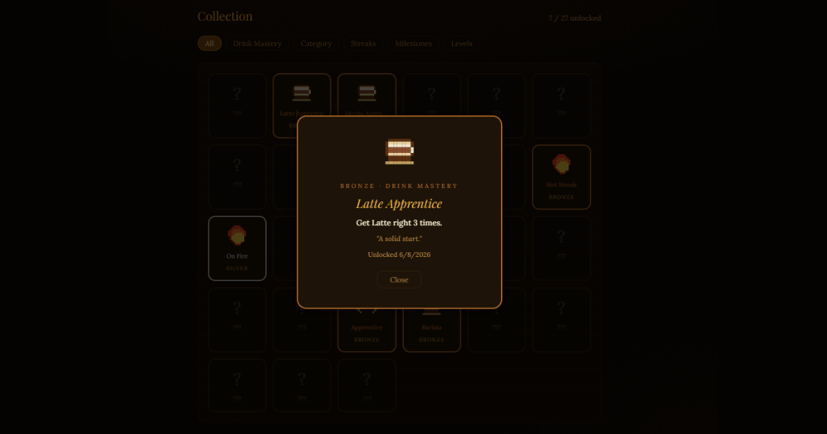 Achievements and XP levels in My Barista Trainer