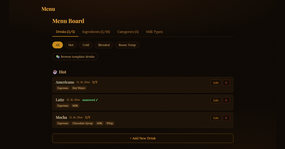 Building a drink menu in My Barista Trainer