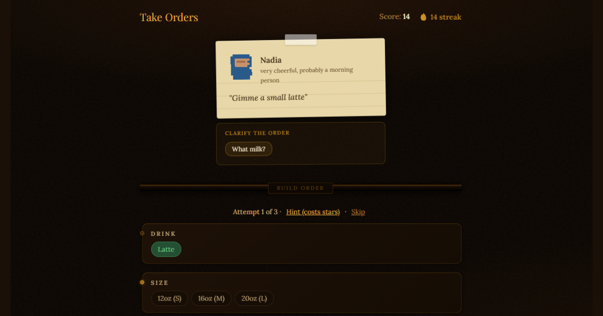 Simulating a customer order in My Barista Trainer