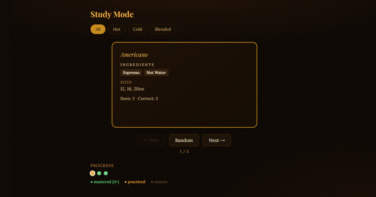 Flashcard study mode in My Barista Trainer