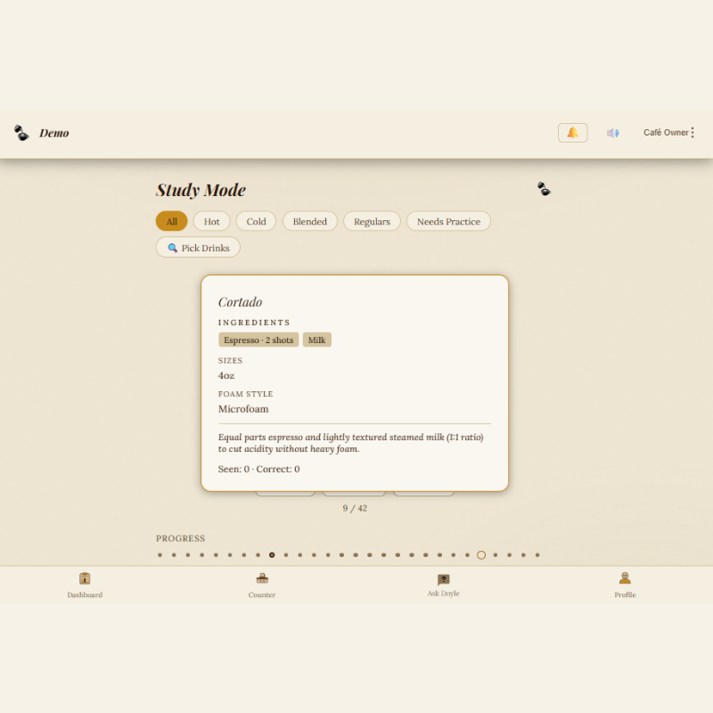 Flashcard study mode with the answer revealed, showing ingredients and notes in My Barista Trainer