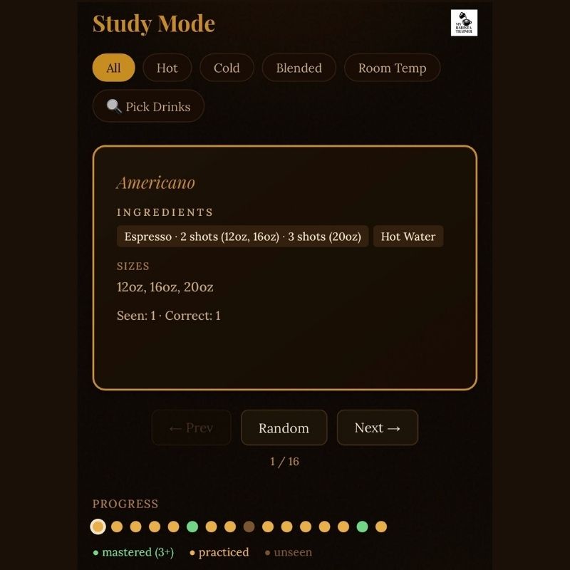 Flashcard study mode with the answer revealed, showing ingredients and notes in My Barista Trainer